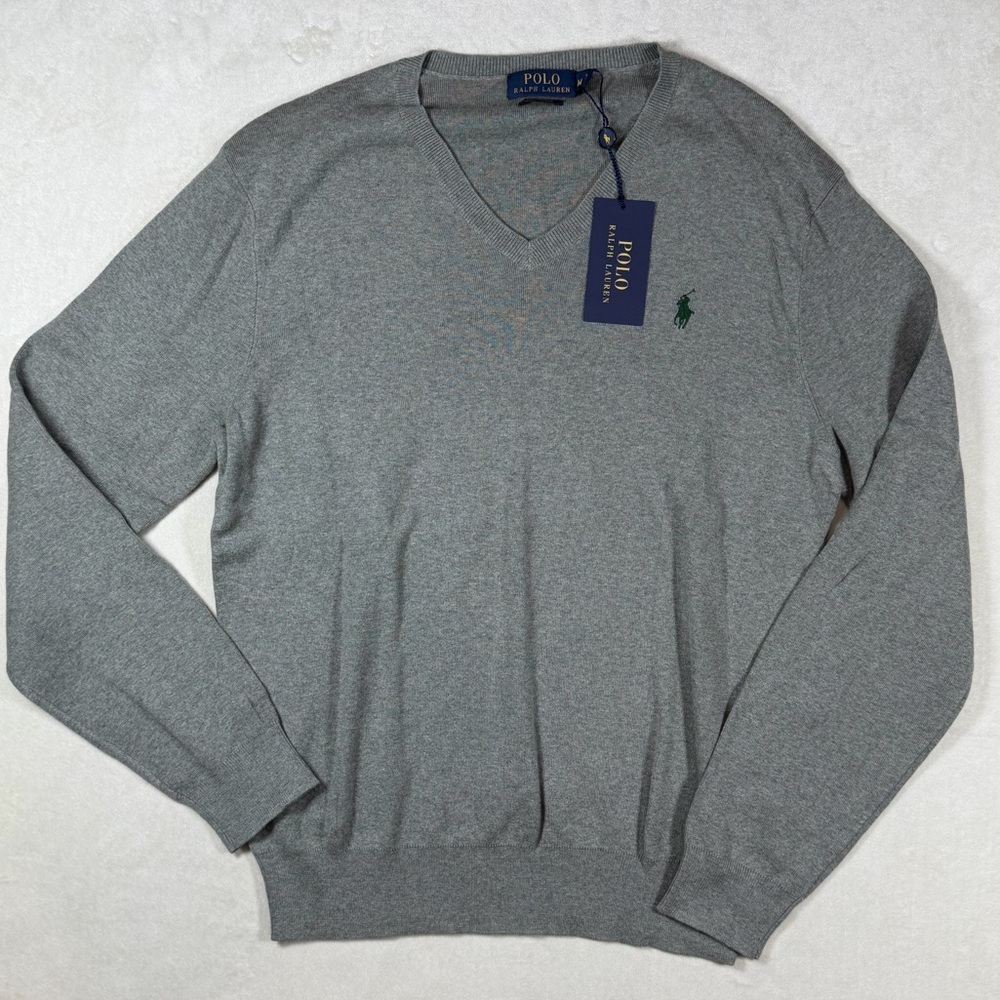 NWT Polo Ralph Lauren Medium Pima Cotton V-Neck Sweater in Gray With Horse Logo